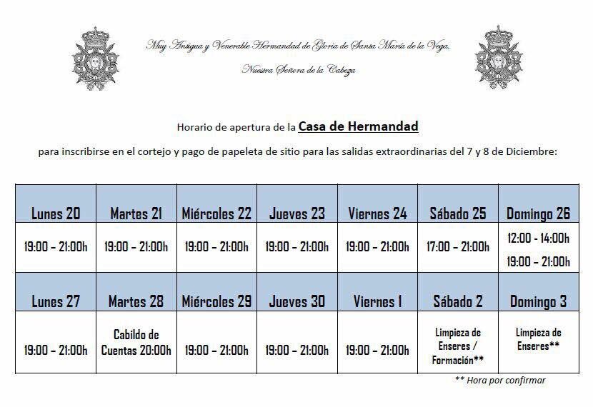 La casa Hermandad sigue abierta hasta las 21:00h para efectuar el pago de las salidas extraordinarias y retirar la papeleta de sitio