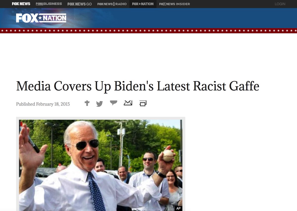 The only media outlet to openly cover Biden's racist ways was Fox News. Outlets like The Economist did so very tamely, while outlets like Buzzfeed have all but scrubbed access to their old articles citing "racist Joe Biden."I wonder why?
