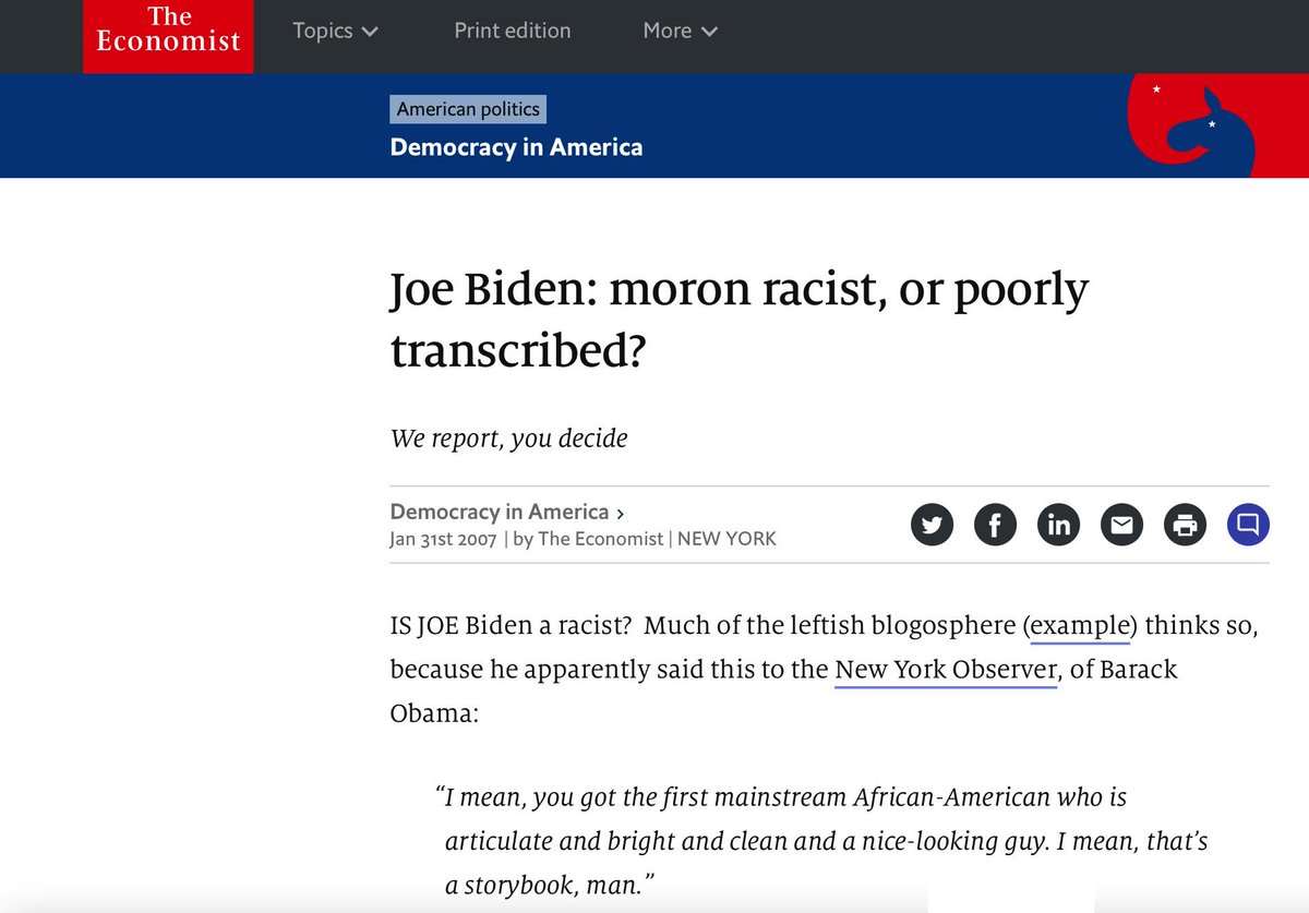 The only media outlet to openly cover Biden's racist ways was Fox News. Outlets like The Economist did so very tamely, while outlets like Buzzfeed have all but scrubbed access to their old articles citing "racist Joe Biden."I wonder why?