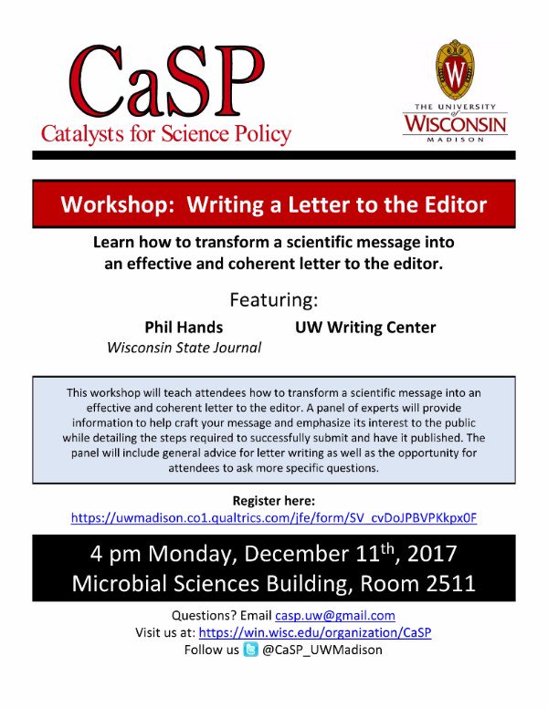 Are you interested in sharing your thoughts on science topics with a broader audience? Check out this event put on by Catalysts for Science Policy! <a href="/CaSP_UWMadison/">CaSP_UWMadison</a>