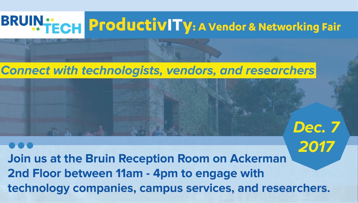 UCLABruinTech's tweet photo. Come out to ProductivITy at Ackerman on Thursday, December 7 for a whole day of engaging with #technology companies. There will be food and giveaways! Register here: https://t.co/56sLSSyqs0
@uclaanderson @UCLASA @ucla @UCLA_ITSecurity @UCLAhousing @UCLAengineering @dailybruin https://t.co/h3uRPmnx2W