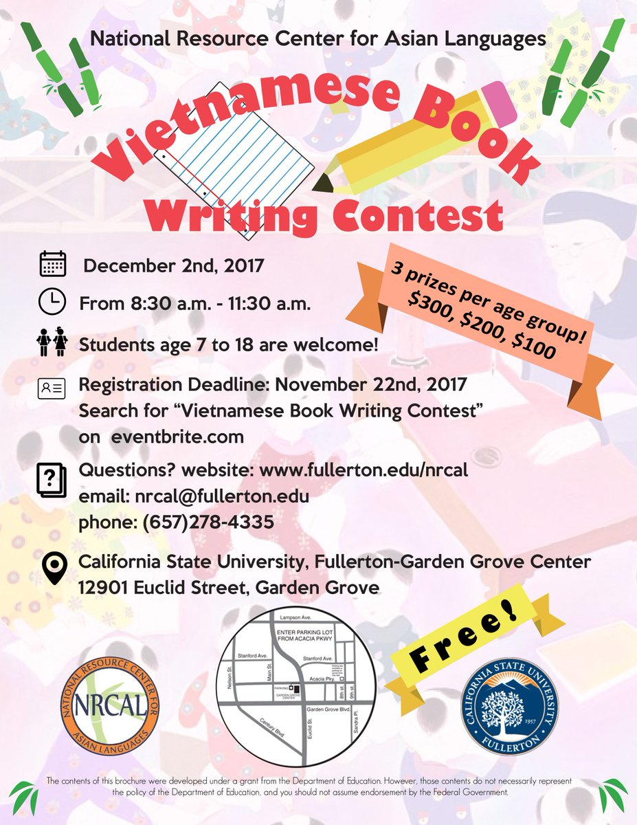 Today is the last day to enter the Vietnamese Book Writing Competition.
1st place: $300.00
2nd place: $200.00
3rd place: $100.00
per age group! Go to our website for more information!