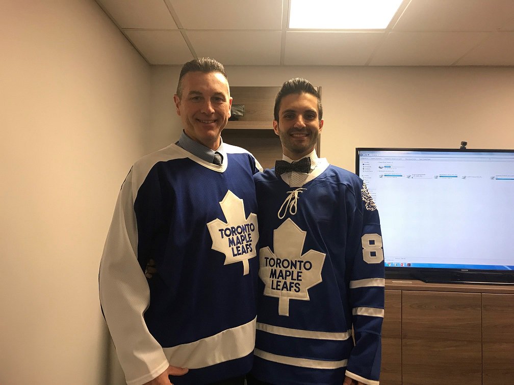 When <a href="/CanadiensMTL/">x - Canadiens Montréal</a> lost to <a href="/MapleLeafs/">Toronto Maple Leafs</a> in October, Habs' fan <a href="/rnaccarato/">Roberto Naccarato</a> (right) lost a bet. Rob's a good sport, though, so here he is wearing a Leafs' jersey with John Rye from our Newmarket, Ontario branch. #hockey #hockeyfan #nhl <a href="/NHL/">NHL</a>
