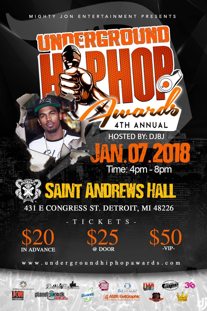 Urbanambiance's tweet photo. A Pleasure to announce the host of this years Mighty Jon Entertainment Underground Hip Hop Awards 2018 Jan 7th at @StAndrewsHall @djbj3525 Mr. 3525 Voting is still open at https://t.co/AU2MNugC7A Make sure your in the building for this Detroit event to kick off the New Year!!! https://t.co/GWElyboZyh