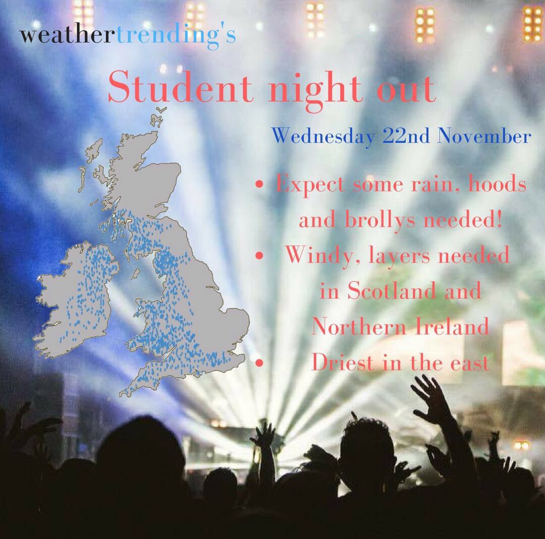 weathertrending's tweet photo. Heading out for midweek drinks? Hereβs your weather (go prepared) #studentnightout #studentweather #ukweather https://t.co/yesNxcPVma