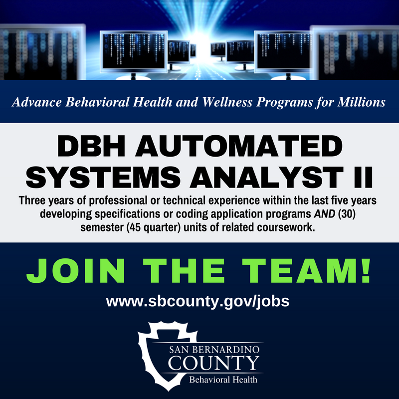 sbcountycareers's tweet photo. @sbdbh is now hiring for DBH Automated Systems Analyst II! #ApplyToday for this exciting opportunity to join the team and make a difference! https://t.co/WkOz34f2sl
#IT #CIS #InformationTechnology #codingapplications #governmentjobs https://t.co/kdhOwEi4d7