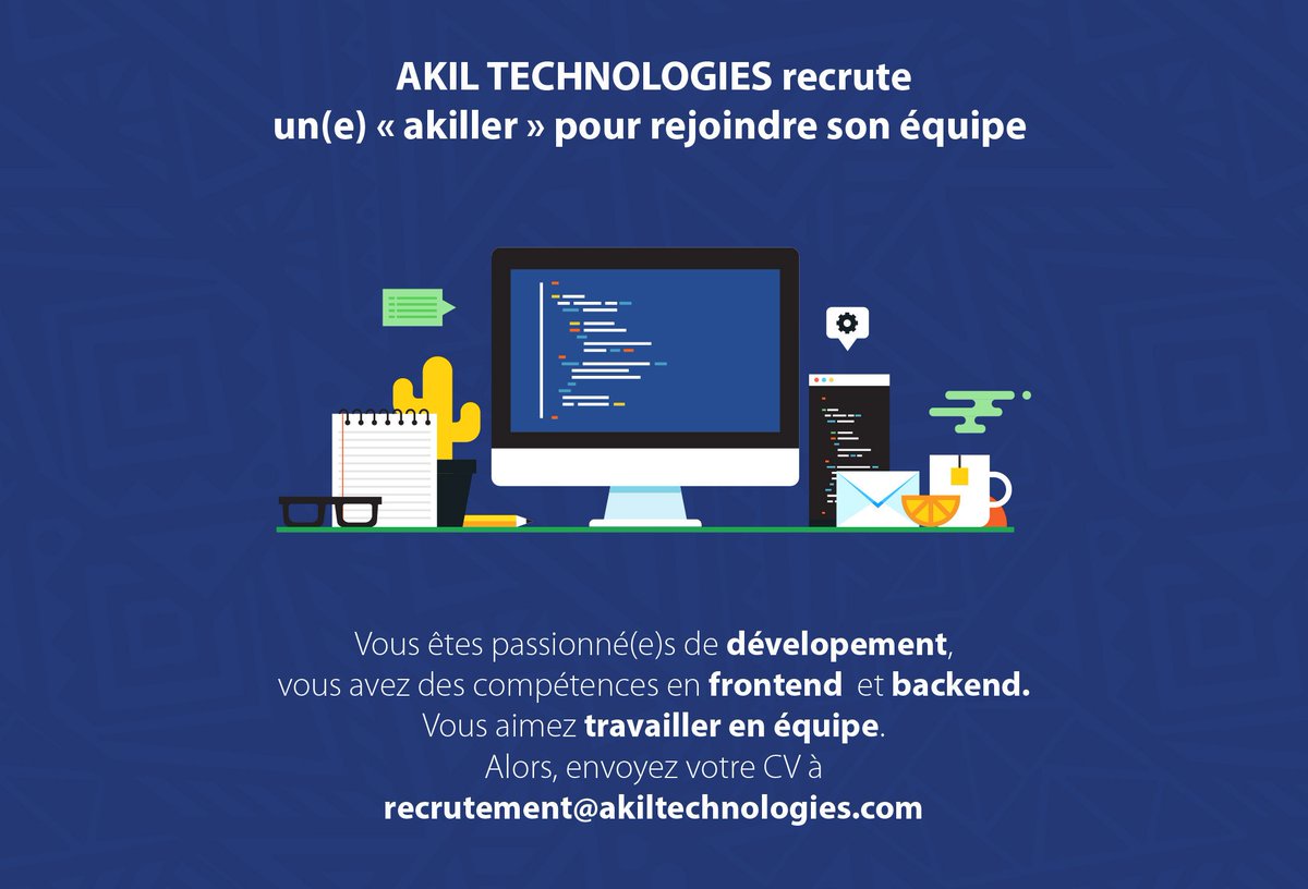 akiltechnologie's tweet image. AKIL TECHNOLOGIES recrute 2stagiaires et 1 expérimenté (2 à 3 ans d'expériences) fullstack

m.facebook.com/story.php?stor…
#AkilTechnologies #AkilGeek #AkilDev #Civtech  #AfricanTech