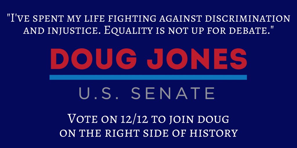 AUdebm's tweet photo. @GDouglasJones @jimbonz Electing @GDouglasJones December 12 will show the world that we (Alabamians) want to be on the #RightSideOfHistory 

Let's do this Alabama!

Vote #DougJonesForSenate 
#AlabamaOverParty
#GOP4Jones
#ALSEN
#DougJonesDec12
#DougForUS
#DigDoug https://t.co/X4pcopDlRP