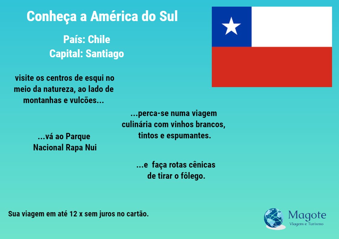 MagoteViagem's tweet photo. América do Sul: Chile
Conheça nossos roteiros: https://t.co/Kkkw8OuNYw 
ou envie um e-mail para reservas@magoteviagem.com.br
#viajar
#Chile https://t.co/HcEyAMyCgN