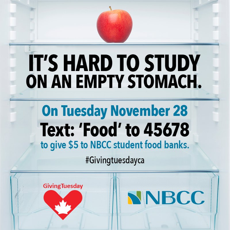 myNBCC's tweet photo. Did you know that 27,000 post-secondary students used food banks per month in Canada in 2014? You can donate $5 to NBCC student food banks by texting FOOD to 45678. #GivingTuesdayCA #transformNB https://t.co/mvAGGg4dyg