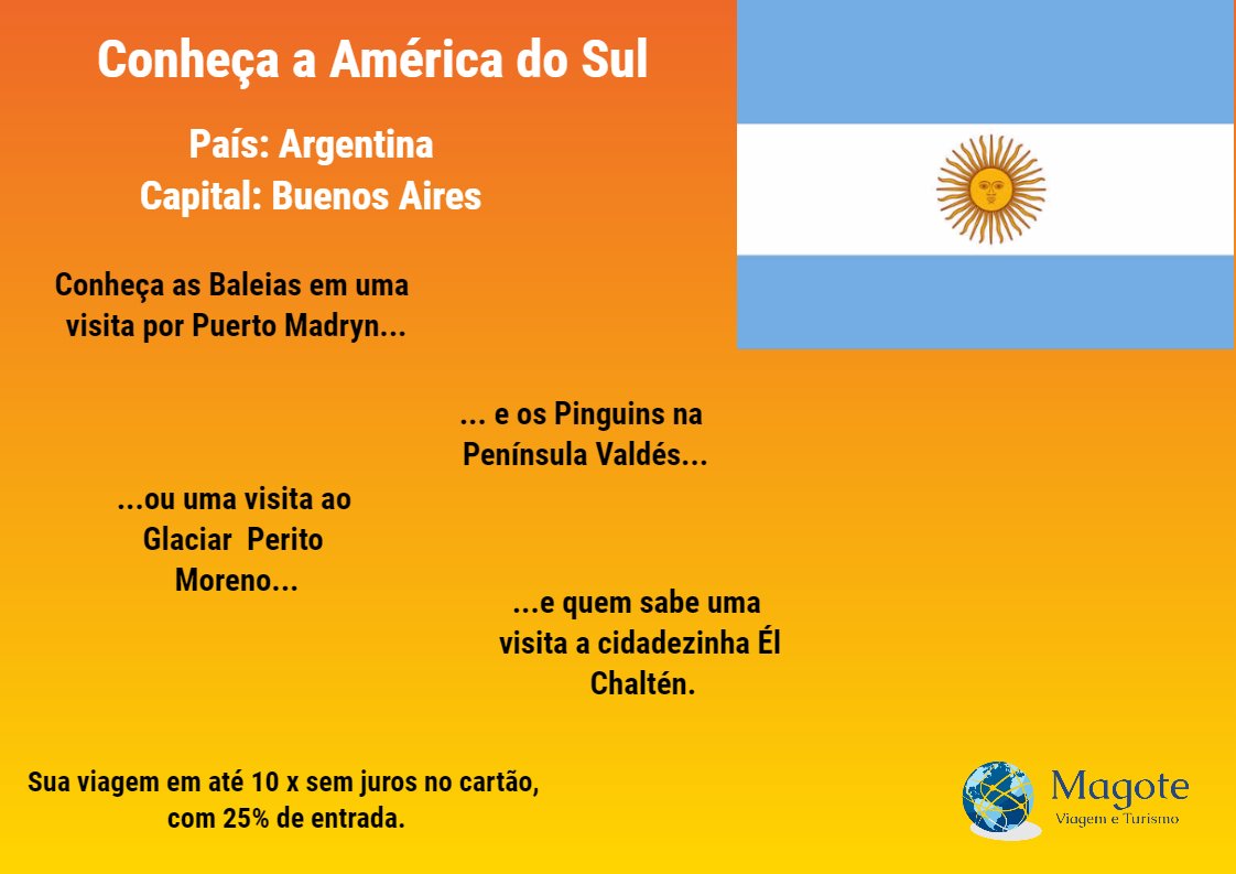 MagoteViagem's tweet photo. Conhecer a Argentina é uma opção. Veja nossos roteiros no site ou nos contate por e-mail: reservas@magoteviagem.com.br
https://t.co/0iqs3yTnwV
#viajar
#Argentina https://t.co/Qm3dhzqXSJ