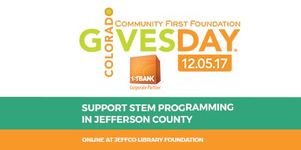 cojeffcolibrary's tweet image. Give where you live and help #Colorado become a better place! Support #STEMprogramming at JCPL during #COGivesDay, Dec. 5 by donating to the @JeffcoFriends. goo.gl/7sMNVj