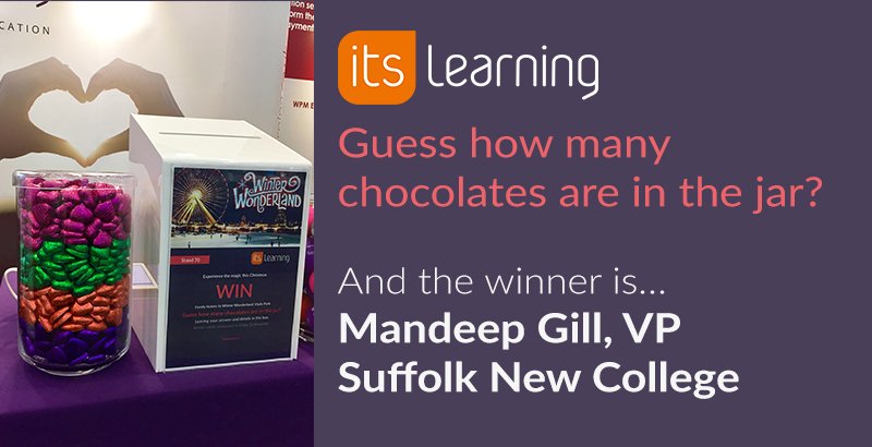 itslearningUK's tweet photo. At #AoCConf we ran the 'Guess how many chocolates are in the jar?' competition. There are 722 and Mandeep Gill @suffolknewcoll guessed the closet. Enjoy your trip to @WinterWonderLDN from itslearning! #itsVLE https://t.co/Z18LjiqlMy