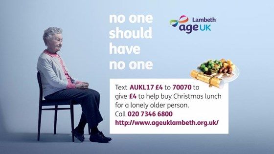 brixtonpound's tweet photo. Support @ageuklambeth to provide a Christmas lunch for a lonely older person. Volunteers will be providing Christmas dinner with all the trimmings, gifts and entertainment for the most socially isolated, but they need help to make it happen. Donate online https://t.co/PytCDyJ8rA https://t.co/A8yOqANkUK