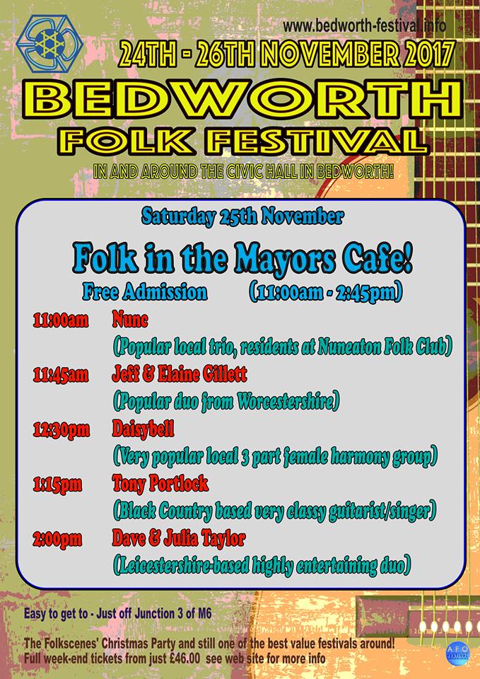 A chance to catch us locally for free this Saturday at The Mayor's Cafe, Bedworth Miner's Welfare Park (where we filmed the video!) as part of the final <a href="/BedworthFF/">Bedworth Festival</a> Folk Festival! Music and great food all day here. We are on from 12.30 to 1.15pm. Come and have a musical lunch!