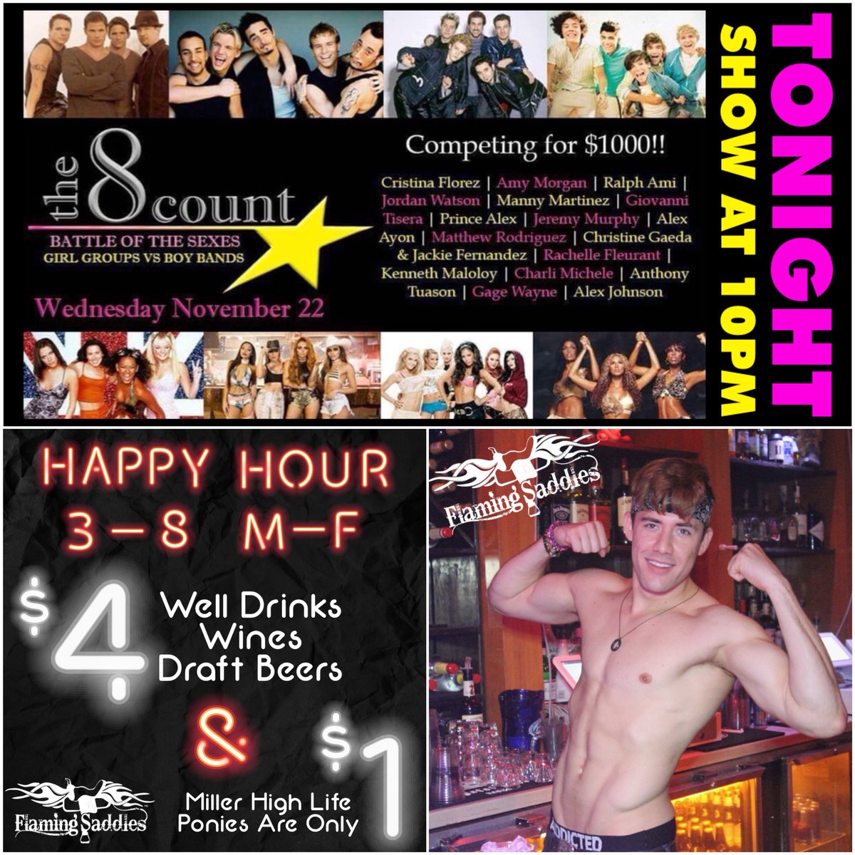 FlamingSaddlesW's tweet photo. TONIGHT @clubposers takes over Flaming Saddles for THE 8 COUNT! Itβs Battle of the Sexes: Boy Bands vs. Girl Groups! Show starts st 10pm. Thanksgiving Eve is gonna be π₯π₯π₯! See ya tonight. πΊπ»ππ½π₯πΈπΊπ³οΈβπ π¦#flamingsaddles #neighborhoodbar #clubposers #choreolife https://t.co/YK9HSgis1N