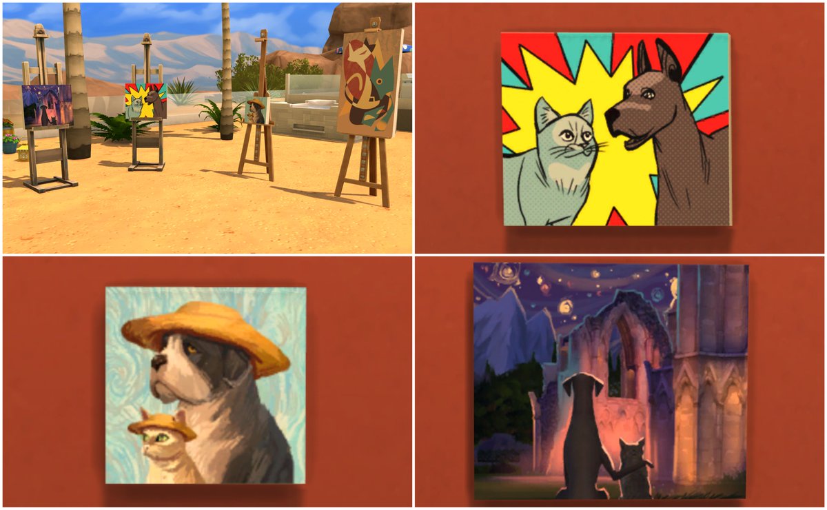 EmSims81's tweet photo. Happy #DrifterChallenge Wednesday Simmers! 😃 My current Drifter Sims painted these amazing and really cool #TheSims4CatsAndDogs Paintings! 😍🎨 I love them all! 💚 @Vihisha #TheSims4 #TS4 https://t.co/D0iLPbp93K