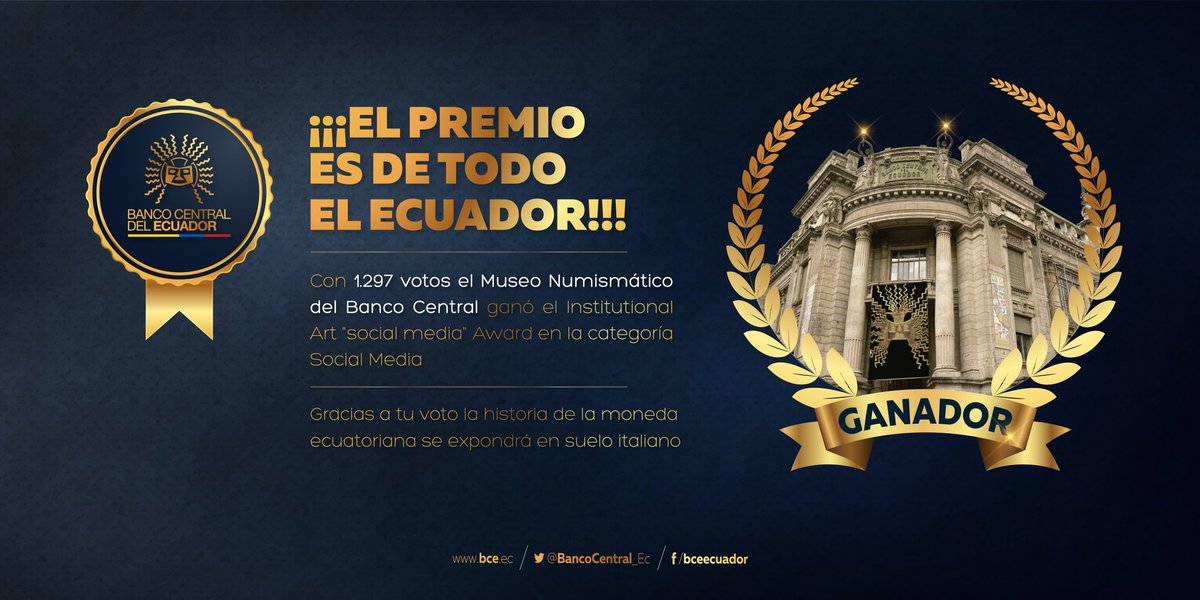 ceculondres's tweet photo. EmbajadaEcuUK :
#GanamosEcuador 🇪🇨 gracias al apoyo de todos el Museo Numismático del Banco Central ganó el Institutional Art Social Media Award, premio que reconoce los grandes aportes del Museo a la cultura del país. https://t.co/Lm7dwWx0QO
— Banco Central Ec (BancoCent…