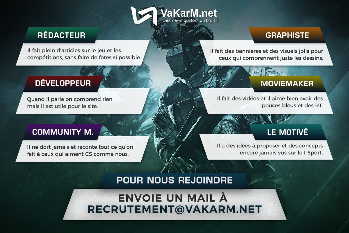 VaKarM_net's tweet photo. Toi aussi viens chopper ton "bienvenue connard" de notre @cero_csgo national en rejoignant notre staff : 

Détails : https://t.co/V8YIl5xLRi

Les profils : https://t.co/ZKzY4R1pv1