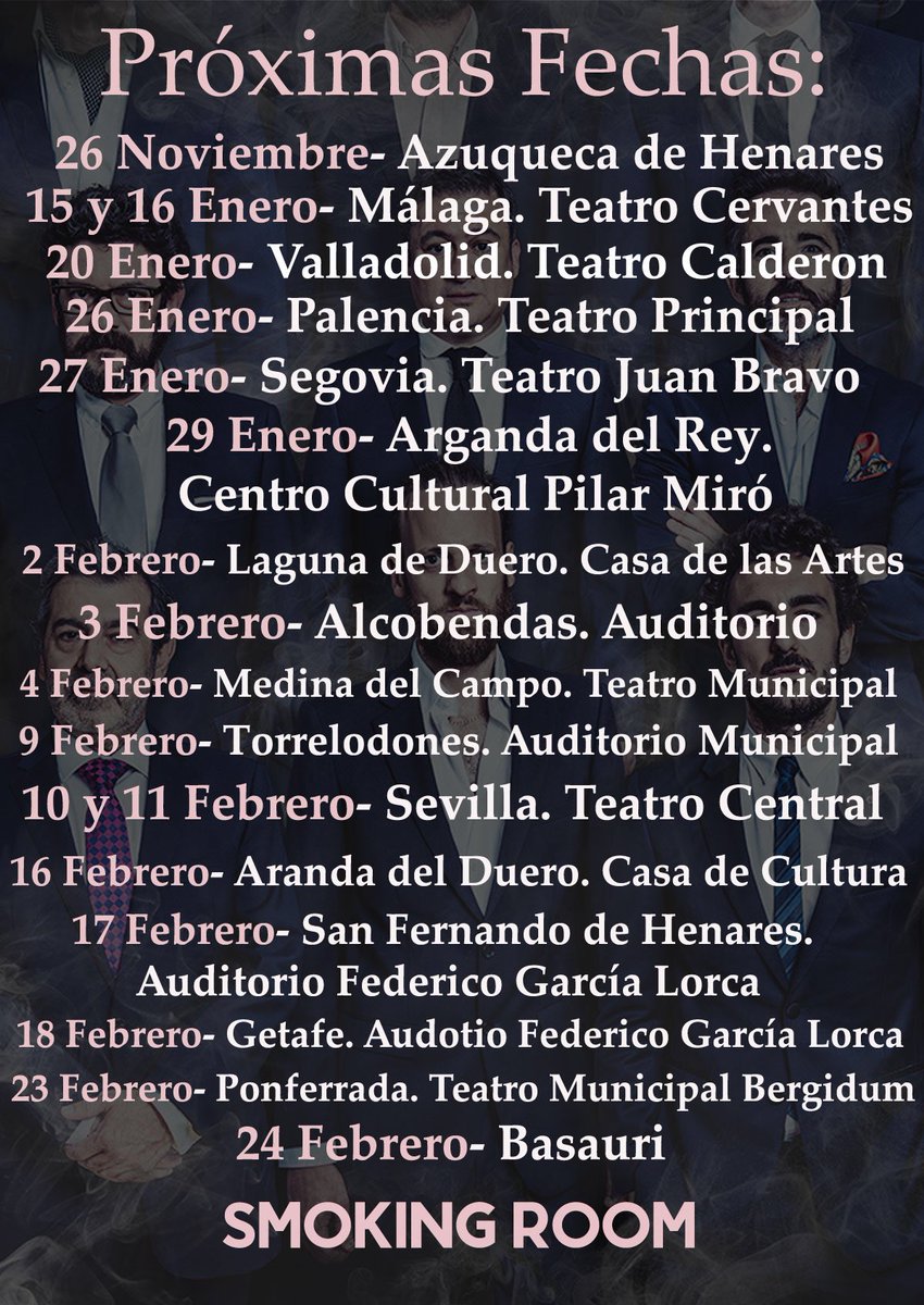 SmokingRoom4's tweet photo. Lo prometido...

¡Os dejamos con algunas de las fechas de la gira de #SmokingRoom!

Más adelante os seguiremos dando fechas de marzo y abril 👏🏼👏🏼👏🏼👏🏼 https://t.co/ShIcP41jUg