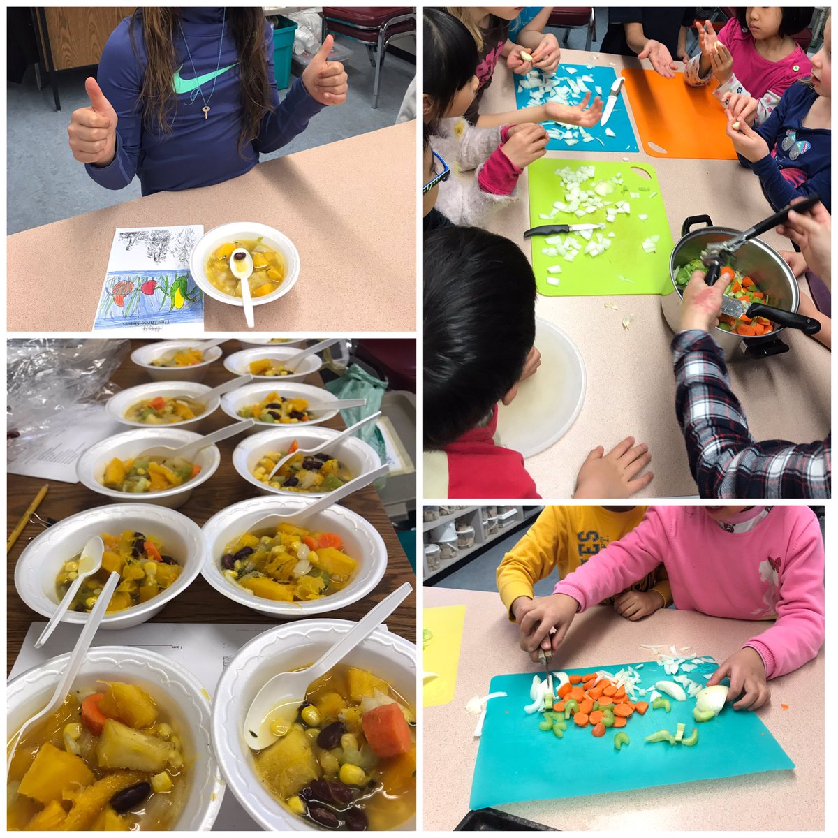 JessAlpaugh's tweet photo. Three Sisters Soup with Grade 1 and 3 students @ Marlborough. Students prepared all the ingredients #Experiential learning #HandsOn #Story #ConnectionToPlace #SharingKnowledge #CornBeanSquash #WorkingTogether @BurnabyAbEd @SheilaRawnsley https://t.co/MFJNdmeI3S