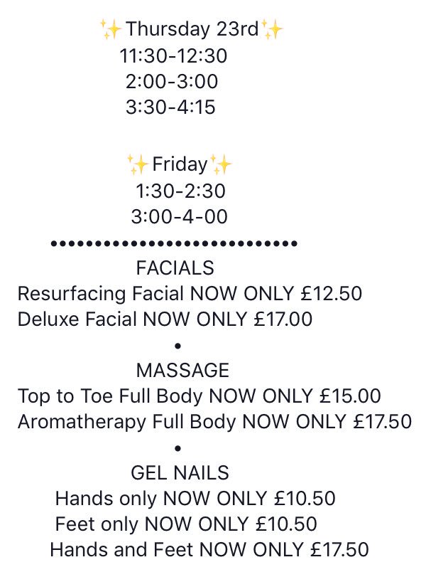 ⭐️These are the only spaces i have left for the Black Friday HALF PRICE Offers!⭐️ #halfpriceoffers #GelNails #massage #facials #aromatherapy #evetaylorlondon #treatyourself #finishesfriday