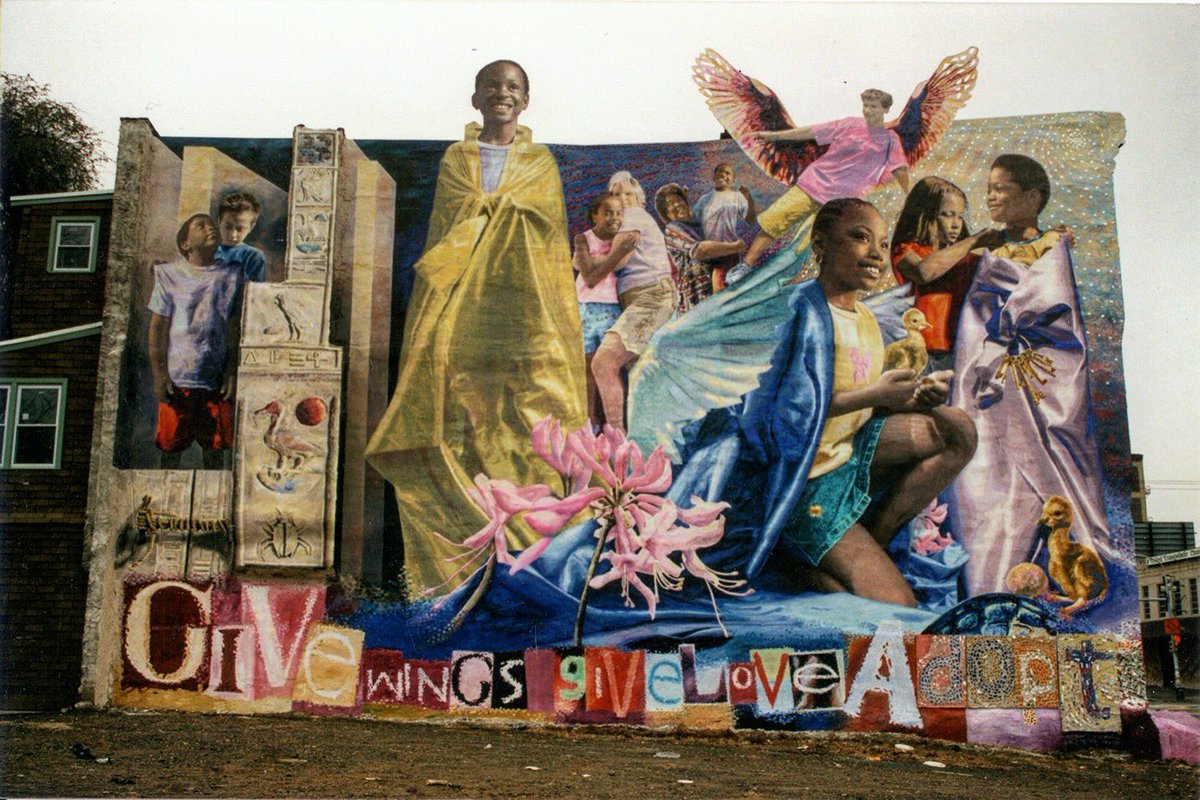 cesarmural's tweet photo. “Give wings, adopt” (2002)
A 3,000 Sq. Ft. mural made with mosaic, fresco, cutted extensions and acrylic). This mural was about kids in need for a place to call home and someone to call parents. Unfortunately the building was demolished some years ago. #MuralArtsProgram https://t.co/Pr0mAe4jvF
