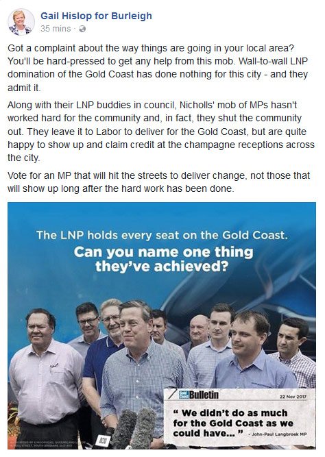 gcLaborista's tweet photo. #Burleigh voters, here so no-nonsense thoughts on the election from Labor's Gail Hislop.
On Saturday, vote 1⃣ hislop to get a #BetterQld. #GoldCoast #qldvotes #qldpol https://t.co/lyMPTMNk4L