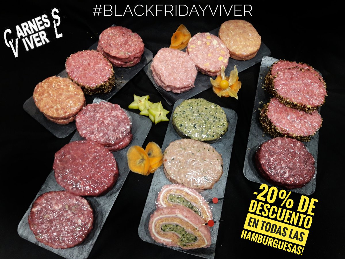 CarnesViverSL's tweet photo. #BlackFridayViver !!! 23-24 y 25 de Noviembre, 20% de descuento en todas las #BurguersViver !! 🍔🍔 https://t.co/H9mNCMLYEI