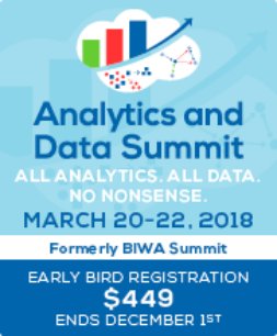 CharlieDataMine's tweet photo. Thanksgiving/Black Friday special offer $75 off registration https://t.co/sY6nOwXNOs Discount Code #AndThanks Analytics and Data Summit, March 20-22, '18 https://t.co/KWb35zKxUR #Analytics #Oracle #IOUG #OAUG #ODTUG #KScope #NoCOUG #BigData #IoT #OBIEE @OracleDatabase @oracleace https://t.co/RvBRE51MyP