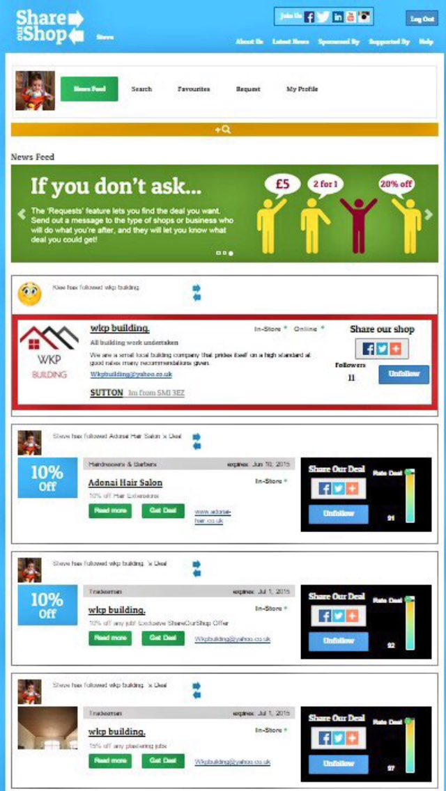 ShareOurShop.com is new social media platform that provides business owners (based in the UK &amp; Ireland) an opportunity to engage with their followers every time they create a deal. #RT 

Click the link below to find out more information-

shareourshop.com/pages/about_us