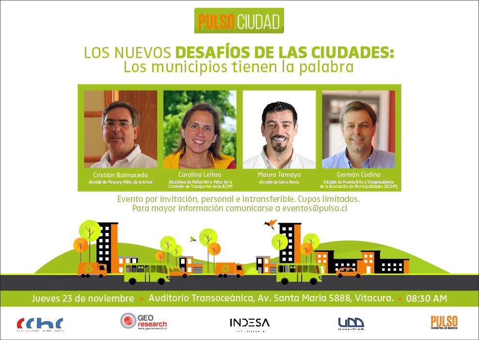 PulsoCiudad's tweet photo. Recuerda que mañana realizaremos el seminario "Los nuevos desafíos para las ciudades: Los municipios tienen la palabra". Inscripciones en eventos@pulso.cl 🌲🏡🚌🚈🌲 @germancodina @CarolinaLeitao @AMUR_RM @mtamayor https://t.co/xQ7T1bJV2q