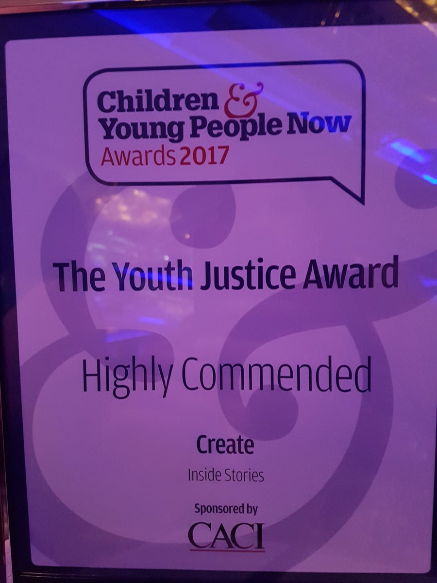 How incredible; 3 for 3 ... <a href="/createcharity/">Create</a> has also won Highly Commended for #cypnowawards Youth Justice award. So proud of our incredible staff and artists. #imaginemakecreate