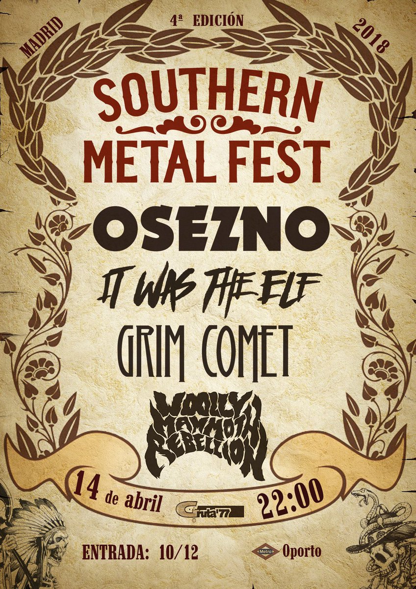 RockMachineWeb's tweet photo. La cuarta edición del #SouthernMetalFest contará con @oseznoband + #ItWasTheElf + @GrimComet + #WoollyMammothRebellion.
https://t.co/kRip5xbKbL https://t.co/Kh7cMmbSIM
