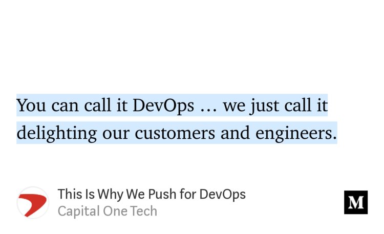 “…You can call it DevOps … we just call it delighting our customers and engineers.” from “This Is Why We Push for DevOps” by Capital One Tech.
