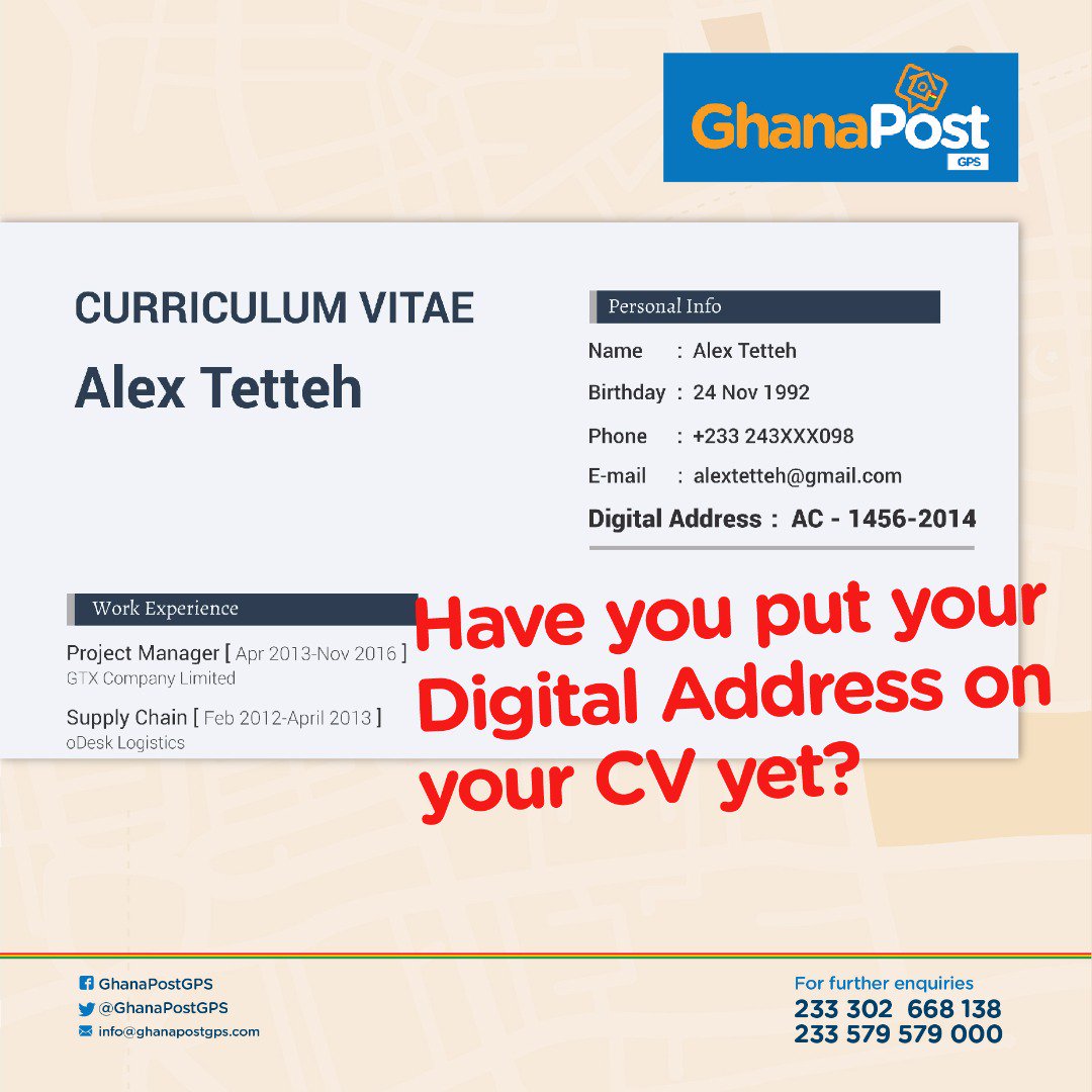 ghanapostgps's tweet photo. Do u know u can put ur digital address on ur CV? https://t.co/IBkvsjvZSJ