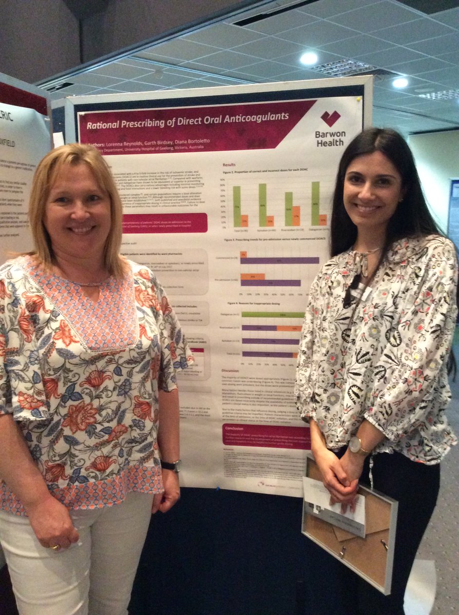KirstiGalbraith's tweet photo. @Monash_IFP @MonashPharm Runner up for best poster and presentation awarded to Lorenna Reynolds from @BarwonHealth joined here by her supervisor Diane Bortoletto. "Rational prescribing of direct oral anticoagulants" Congratulations! https://t.co/ycCynKeJip