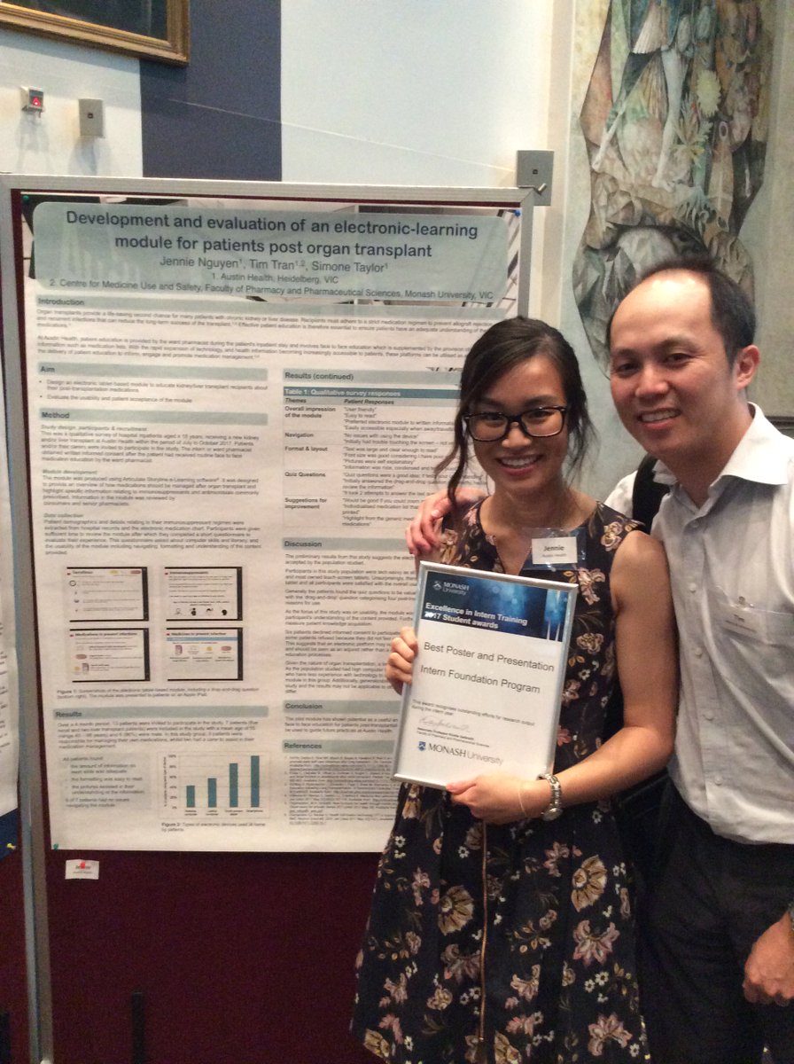 KirstiGalbraith's tweet photo. @Monash_IFP @MonashPharm Such amazing posters from our young researchers. Best poster &amp; presentation prize awarded to Jennie Nguyen from @Austin_Health for "Development and evaluation of an electronic learning module for patients post organ transplant" Great support from her supervisor Tim Tran https://t.co/PqfxfqEfxe