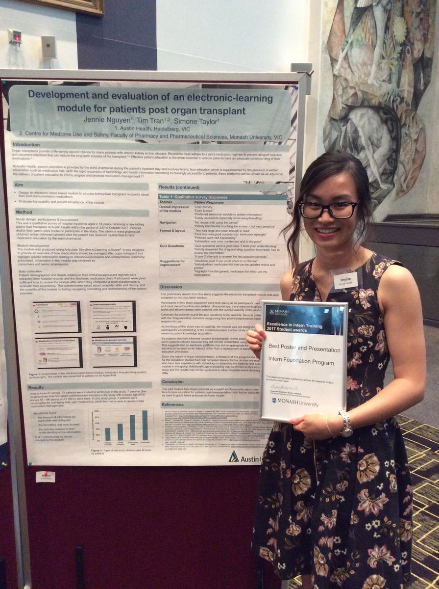 KirstiGalbraith's tweet photo. @Monash_IFP @MonashPharm Such amazing posters from our young researchers. Best poster &amp; presentation prize awarded to Jennie Nguyen from @Austin_Health for "Development and evaluation of an electronic learning module for patients post organ transplant" Great support from her supervisor Tim Tran https://t.co/PqfxfqEfxe