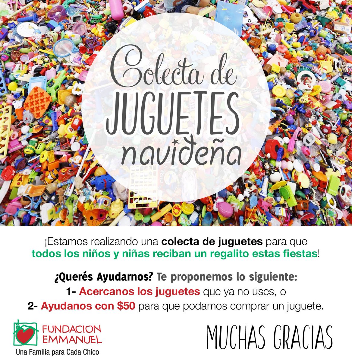 f_emmanuel_arg's tweet photo. ¡Estamos realizando una colecta de juguetes para que todos los niñ@s reciban un regalo estas fiestas! ¿Nos ayudás?
1- Acercanos los juguetes que ya no uses, o 
2- Ayudanos con $50 para comprar uno: https://t.co/dwhRqEkeX1
Tenemos tiempo hasta el 10/12/17. 
¡¡¡MUCHAS GRACIAS!!! https://t.co/5RzOhZE7g7