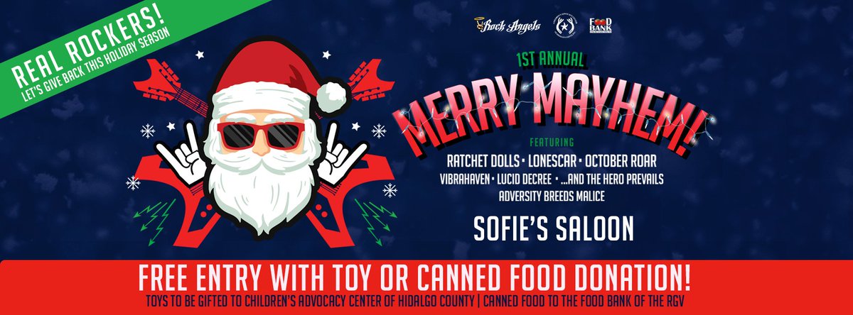WhatMcAllen's tweet photo. 1st Annual Merry Mayhem Toy &amp; Food Drive coming to Sofie's SS Saloon, Saturday 12/16. Free entry w/ toy or canned food donation. Ratchet Dolls, Lonescar, Octorber Roar, Vibrahaven, Lucid Decree, And The Hero Prevails &amp; Adversity Breeds Malice https://t.co/S7gdf5ytir https://t.co/VDMN8PtXlT