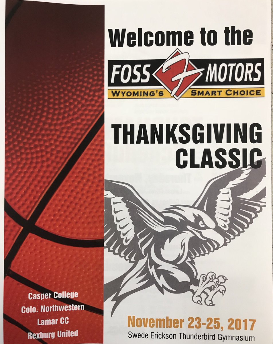 CasperMBB's tweet photo. Please join us tomorrow as we celebrate Thanksgiving by enjoying the Thunderbirds playing against Colorado Northwestern at 7 pm for the 47th annual Foss Motors Thanksgiving Classic. We hope to see you all up at the Swede!

Happy Thanksgiving from the Casper College Thunderbirds! https://t.co/nDPRgR472K