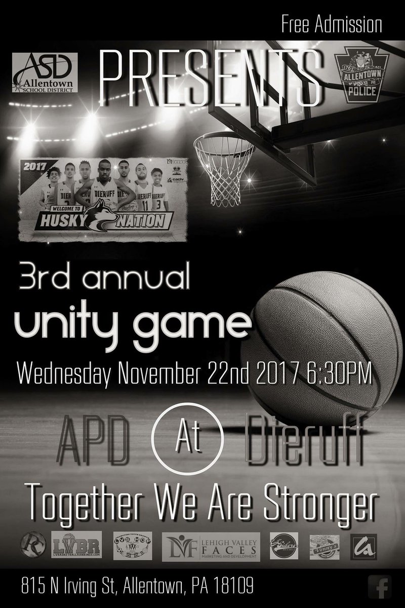This is tonight! Tip-off is at 6:30. Who’s coming? #UnityMatters
#TogetherWeAreStronger #3rdAnnualUnityGame #APD #Dieruff #OneAllentown