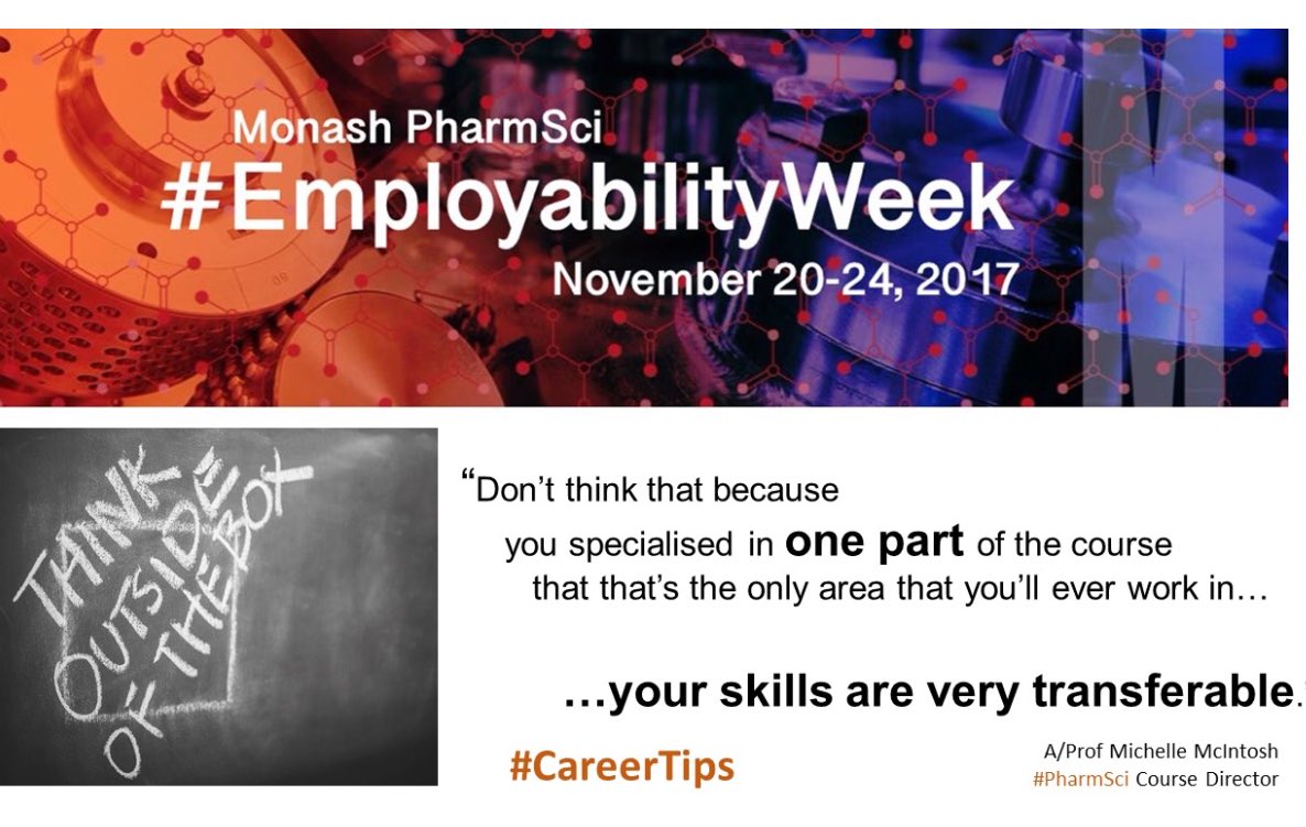 MMIC_Melb's tweet photo. #PharmSci #EmployabilityWeek #CareerTip: 
@MonashPharm Pharmaceuticals Science students:

• Where do you want to be in 3 years, 5 years? Write it down &amp; keep it
• Don’t let your ‘ideal job’ prevent you from taking on a good opportunity
• Skills are transferable, leverage them https://t.co/KyaIYAE47W