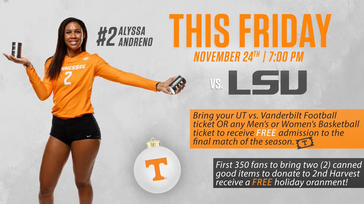 Vol_FanHQ's tweet image. . @Vol_VBall play their final match at home this Friday! Bring your UT vs. Vanderbilt 🎟 for free admission + 2 canned goods = Power T Holiday Ornament! 🍊🏐