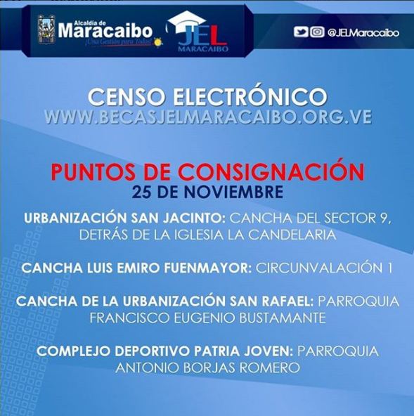 Recuerda que puedes acercarte este 25/11 al punto de consignación más cercano a tu residencia para formalizar el Censo Electrónico de #BecasJEL