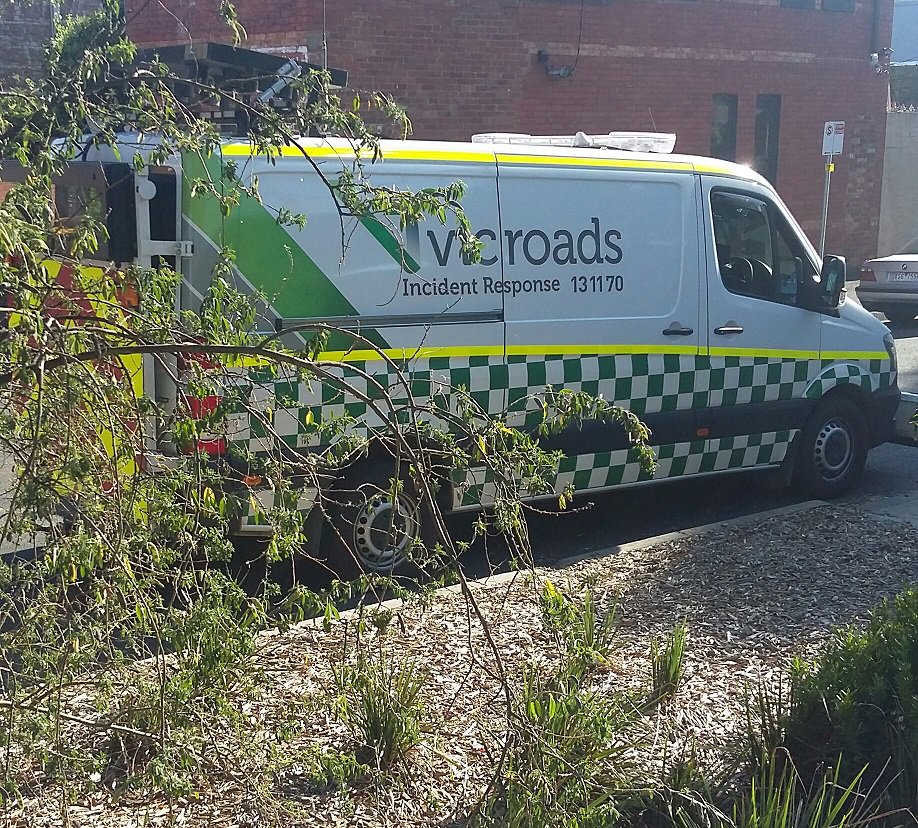 Alan_Cuthbert's tweet photo. It's day 4 of our 5 day campaign. The #StopAdani  banner on 5 freeways in 5 days. And here is the VicRoads truck that came and spoint our fun. But we still have our banner for tomorrow! So check us out tomorrow for our final big display! #5Days5Fwys  #StopAdani https://t.co/OlzUHHusUe