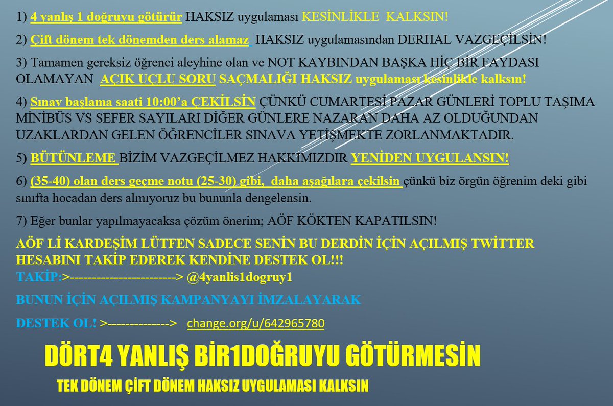 4yanlis1dogruy1's tweet photo. #BuBöyleBiline  #aöf4yanlış1doğruyugötürmesin #aöfçiftdönemtekdönemHAKSIZuygulamasıkalksın @TC_Basbakan @RT_Erdogan @tcbestepe @yilmaz_ismet58 @dbdevletbahceli @MHP_Bilgi  @Akparti  DESTEK LÜTFEN>-->@4yanlis1dogruy1 https://t.co/4ooC7shmVz         #aöfsistemitamamendeğişsin https://t.co/sDrKUGaJgI