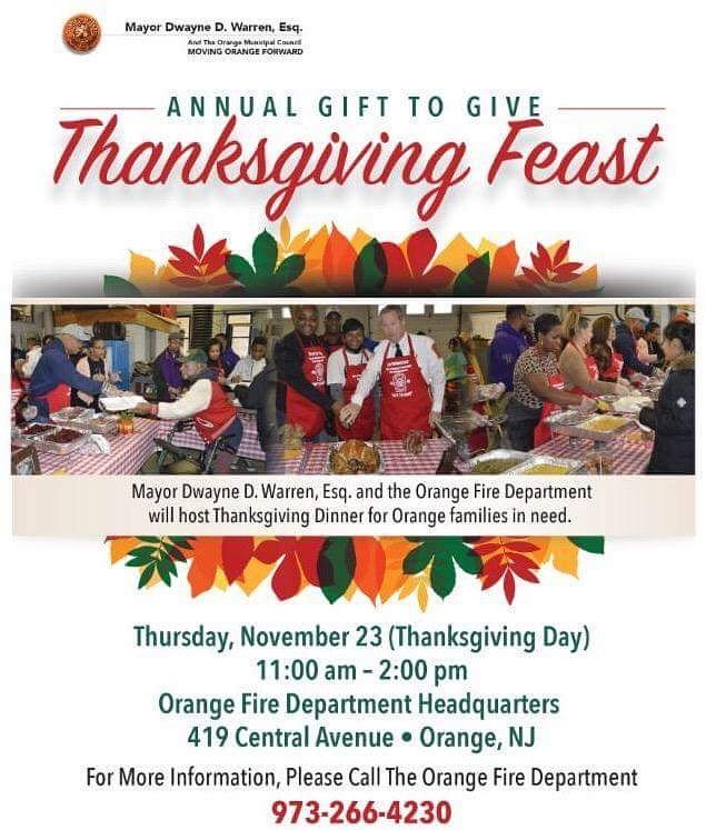 ORANGE_FD_NJ's tweet photo. Open to all residents of the City of Orange. If you need somewhere to spend Thanksgiving, Let the City of Orange and The Orange Fire Department serve you and your family! Thursday November 23 2017  from 11am until 2pm at the Orange Fire Department Headquarters 419 Central Avenue https://t.co/iH2I5VDgLi