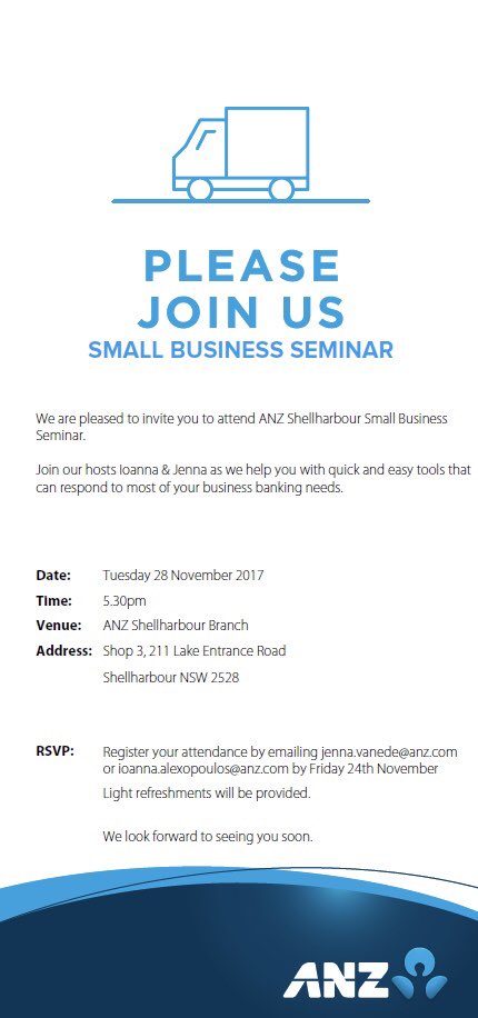 ialexopoulos's tweet photo. ANZ Shellharbour are hosting a #SmallBusiness on Tuesday 28th November. To register your interest please RSVP by Friday 24th to @vanede_jenna &amp; @ialexopoulos #anzsmallbusiness @JuliaMiller1981 @vblaze01 https://t.co/qwrTZsce2U